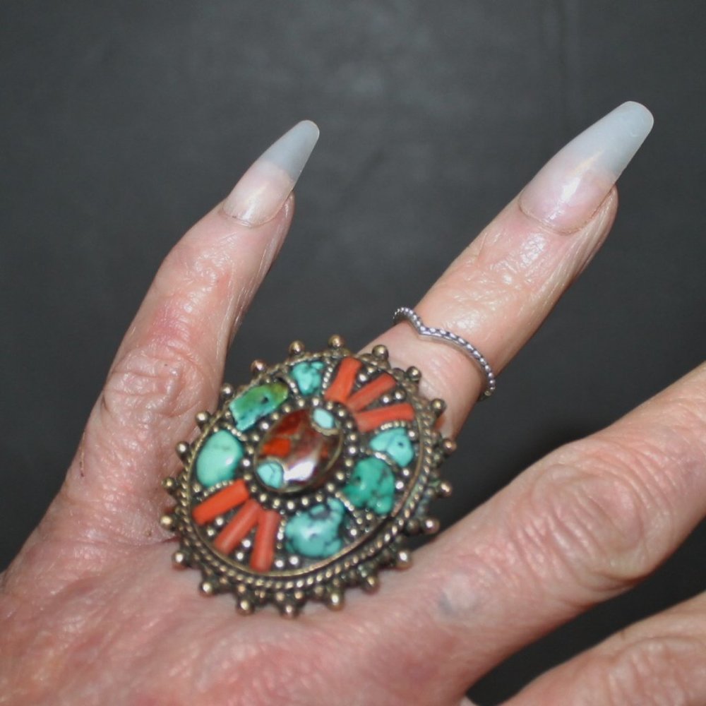 Heavy 925 Zuni Navajo Spiny Oyster Coral Turquoise Cinnabar Native American Ring - Picture 2 of 12